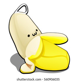 Hanging soft plush toy in the form of ripe peeled banana isolated on white background. Vector illustration close-up.