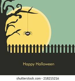 Hanging spider from dead tree on nature background can be use as poster, banner or flyer for Happy Halloween celebrations. 