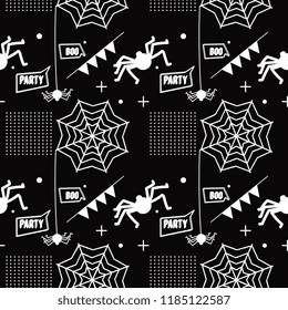 hanging spider making web monochrome dark seamless pattern. vector illustration for fashion textile print and wrapping with festive design.