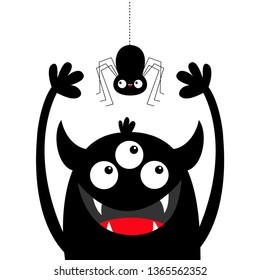 Hanging spider. Monster head black silhouette. Three eyes, teeth fang, horns, hands up. Cute kawaii cartoon funny baby character. Happy Halloween.Flat design. White background. Vector illustration
