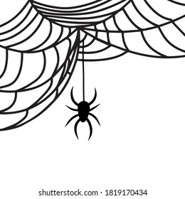 Hanging spider on web.Halloween cobweb clipart for sticker, fabric, print. Scary elements for decoration. Hand-drawn spider web or cobweb with spider. Vector illustration isolated on white background
