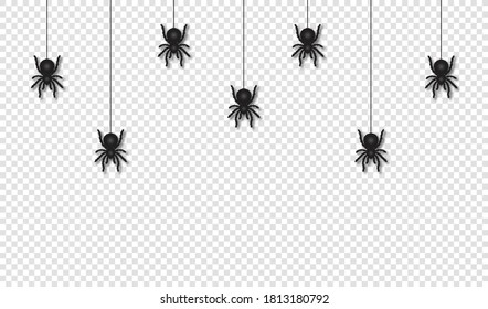 Arañas colgadas para la decoración de Halloween. Sombrío y espeluznante fondo de Halloween. Aterradoras arañas colgadas en la telaraña, fondo transparente. Vector