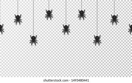 Arañas colgantes para la decoración de Halloween, patrón impecable. Atraviesas arañas colgando de telaraña, fondo transparente. Vector