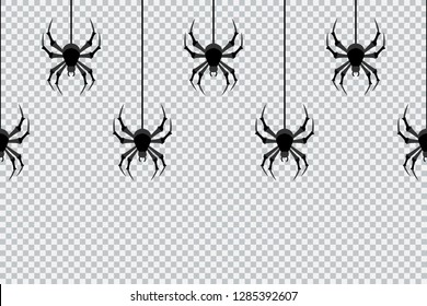 Hanging Spiders on transparent background. Halloween creepy illustration for decoration. Vector seamless pattern. 