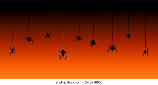 Hanging spiders on a web on an orange background. Creepy background for Halloween. 