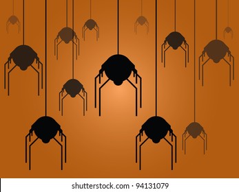 Hanging Spiders over Orange Background.