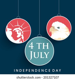 Hanging sticker, tag or labels on blue background for 4th of July, American Independence Day celebrations. 