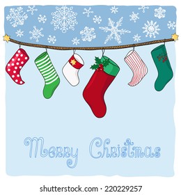 Hanging stockings for Christmas gifts. Hand drawn vector illustration.
