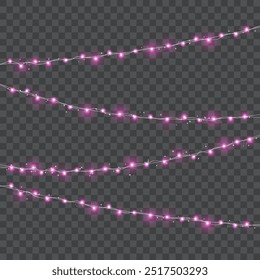 Hanging string lights with glowing bulbs on a transparent background. Vector illustration