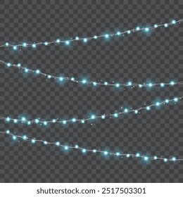 Hanging string lights with glowing bulbs on a transparent background. Vector illustration