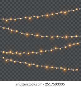 Cadena de luces colgantes con bombillas brillantes sobre un fondo transparente. Ilustración vectorial