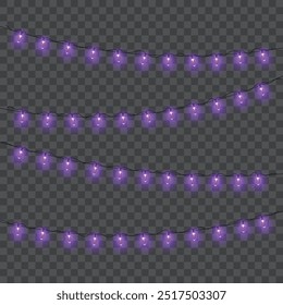 Hanging string lights with glowing bulbs on a transparent background. Vector illustration