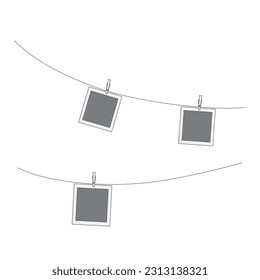 Hanging at string photos, frame. Set of simple mockup vector illustrations.