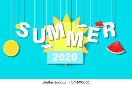 Hanging Summer 2020 text, Watermelon, Orange, Lemon, Sun, Paper Cut Design Concept. Vector Design.