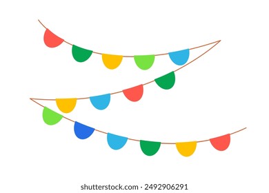 Guirnalda colgante de fiesta de verano para niños. Borde de banderín infantil aislado sobre fondo blanco. Banderas de colores en colores arcoíris. Vector Clipart