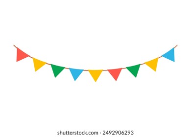 Guirnalda colgante de fiesta de verano para niños. Borde de banderín de color aislado sobre fondo blanco. Banderas triangulares en colores arcoíris. Vector Clipart