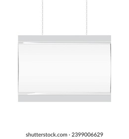 Hanging supermarket promotion banner display board vector mockup. Ceiling blank white sign holder for retail store realistic mock-up. Template for design