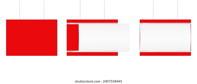 Hanging supermarket promotion banner display board. Vector mock-up. Ceiling blank sign holder for retail store mockup. Template for design