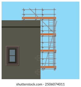 Hanging, suspended and cantilever scaffolding at top side of building vector illustration. High rise work safety work platform equipment.