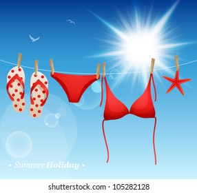 Hanging swimsuit and flip flops on blue sky background. Vector illustration.