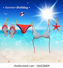 Hanging swimsuit and flip flops on seascape background. Vector illustration.