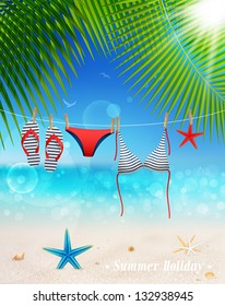 Hanging swimsuit on seascape background. Vector illustration.