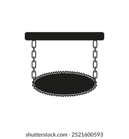 Hanging swing icon. Round seat with chains. Playground swing illustration. Minimalist black design.