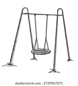 Hanging swing. Swing with suspended round net seat isolated on white background. Playground swing. Outdoor playground device or tool for kids play activity and amusement. Minimalist sketch design.