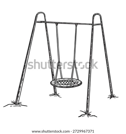 Hanging swing. Swing with suspended round net seat isolated on white background. Playground swing. Outdoor playground device or tool for kids play activity and amusement. Minimalist sketch design.