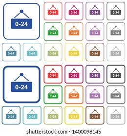 Hanging table with 24 hours color flat icons in rounded square frames. Thin and thick versions included.