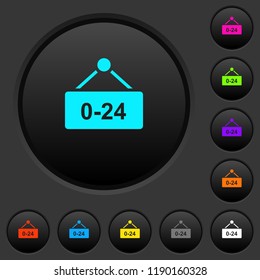 Hanging table with 24 hours dark push buttons with vivid color icons on dark grey background