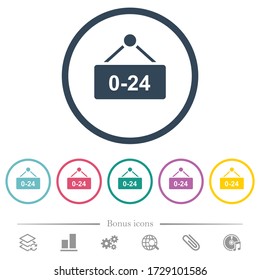 Hanging table with 24 hours flat color icons in round outlines. 6 bonus icons included.