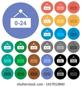 Hanging table with 24 hours multi colored flat icons on round backgrounds. Included white, light and dark icon variations for hover and active status effects, and bonus shades.