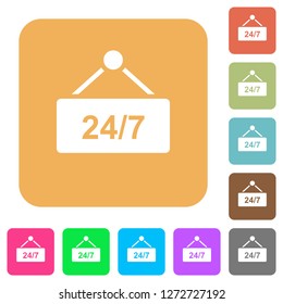 hanging table with 24h seven days a week flat icons on rounded square vivid color backgrounds.