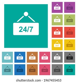 hanging table with 24h seven days a week multi colored flat icons on plain square backgrounds. Included white and darker icon variations for hover or active effects.