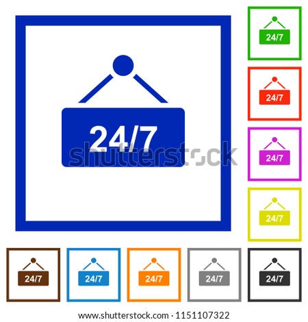 hanging table with 24h seven days a week flat color icons in square frames on white background