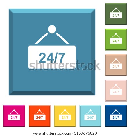 hanging table with 24h seven days a week white icons on edged square buttons in various trendy colors