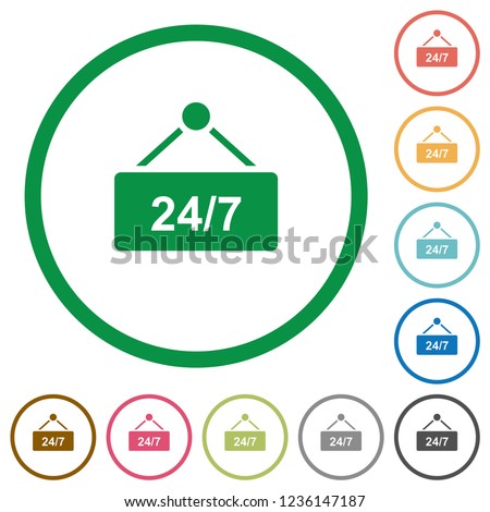 hanging table with 24h seven days a week flat color icons in round outlines on white background