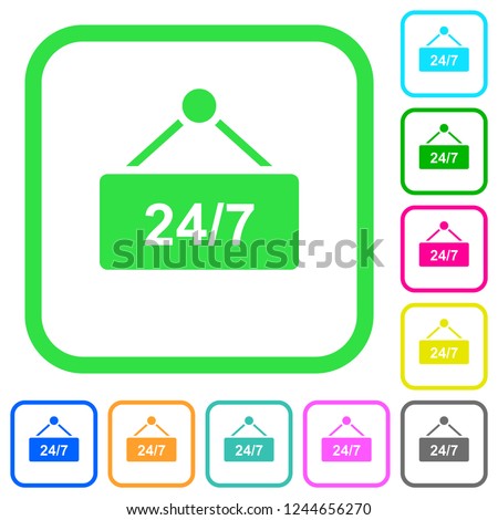 hanging table with 24h seven days a week vivid colored flat icons in curved borders on white background