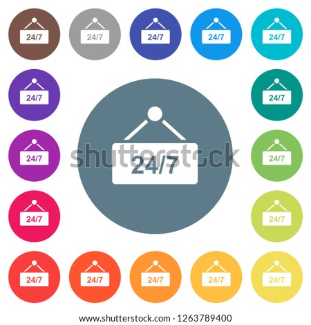 hanging table with 24h seven days a week flat white icons on round color backgrounds. 17 background color variations are included.