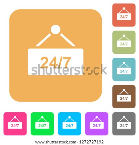 hanging table with 24h seven days a week flat icons on rounded square vivid color backgrounds.