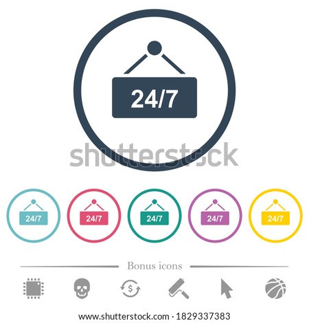 hanging table with 24h seven days a week flat color icons in round outlines. 6 bonus icons included.