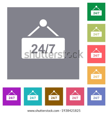 hanging table with 24h seven days a week flat icons on simple color square backgrounds