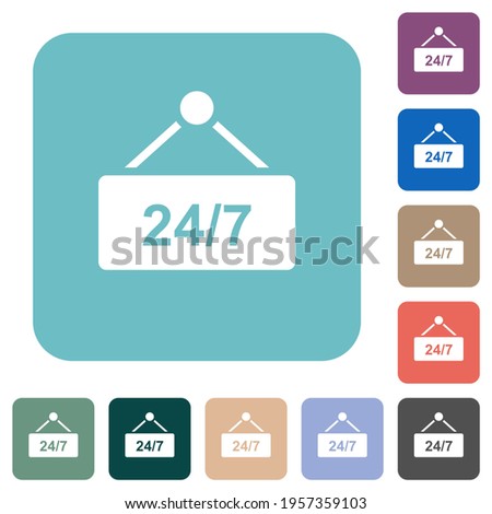 hanging table with 24h seven days a week white flat icons on color rounded square backgrounds