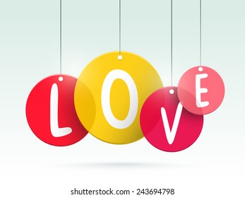 Hanging tag of Love for Happy Valentine's Day celebration on shiny sky blue background.