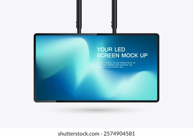 A hanging technology LED Screen Mockup in 3Ds of Realistic screen light box vector. editable LED vector Illuminated TV lightbox with empty space for design. for Restaurants.