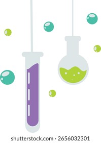 Hanging test tubes with colorful liquid, flat cartoon style, isolated on white background, perfect for science, creative, and decorative projects.
