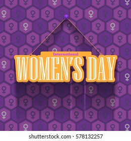 Hanging Text Long Shadow Style 8 March Women's Day. Female Sign Background