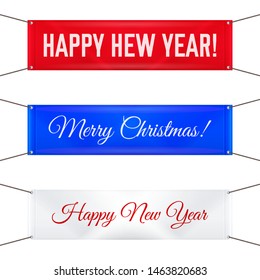 Hanging Textile Banners with Grommets. Merry Christmas and Happy New Year 2020 Background, Template. Christmas Greeting Card. Vector Illustration.
