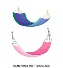 Hanging textile hammocks set. Rope swing for summer outdoor recreation vector illustration